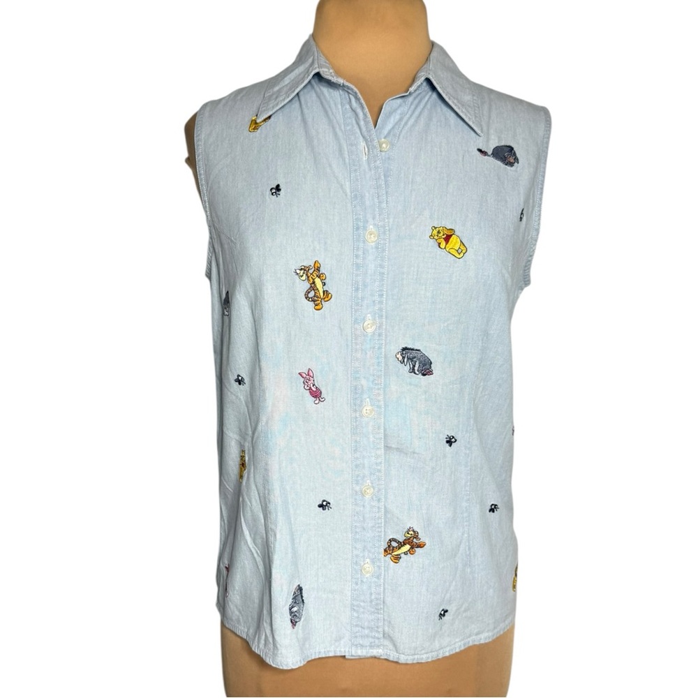 Vintage Disney Winnie the Pooh Embroidered Chambray Denim Sleeveless Top Medium